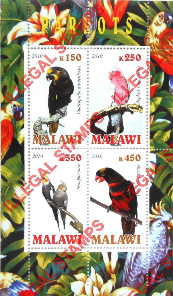 Malawi 2010 Parrots Illegal Stamp Souvenir Sheet of 4 Malawi 2010 Parrots Illegal Stamp Souvenir Sheet of 4