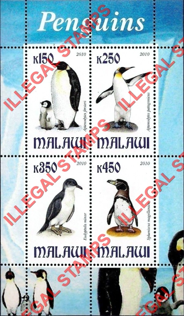 Malawi 2010 Penguins Illegal Stamp Souvenir Sheet of 4 Malawi 2010 Penguins Illegal Stamp Souvenir Sheet of 4