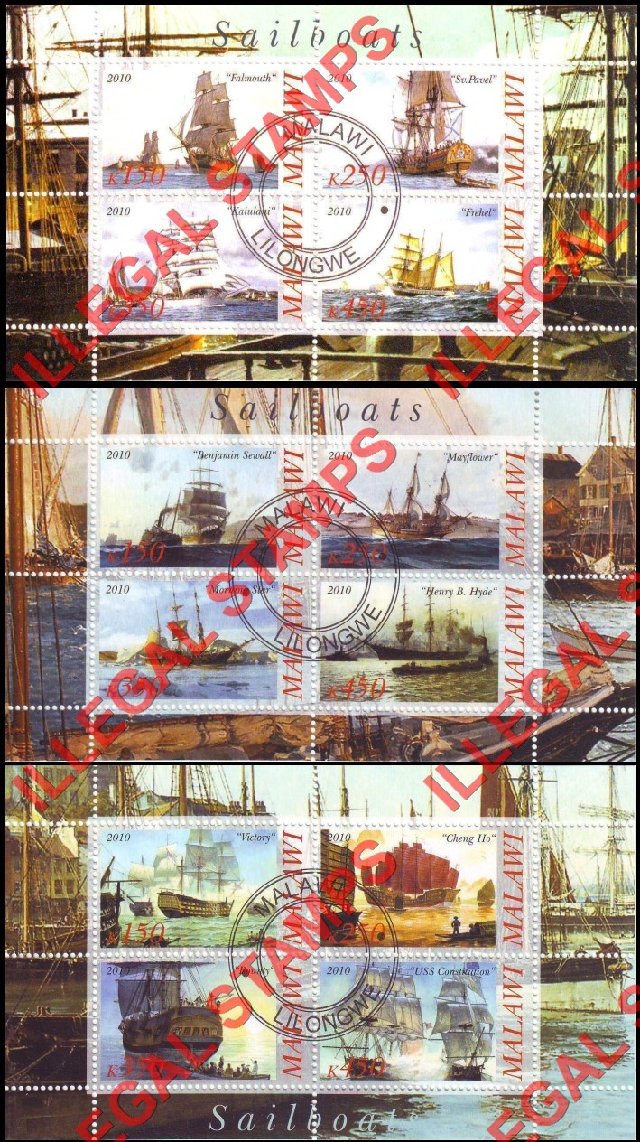 Malawi 2010 Sailboats Sailing Ships Illegal Stamp Souvenir Sheets of 4 Malawi 2010 Sailboats Sailing Ships Illegal Stamp Souvenir Sheets of 4