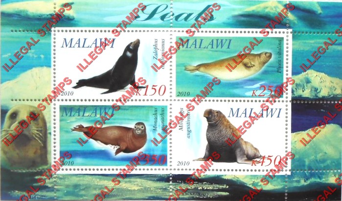 Malawi 2010 Seals Illegal Stamp Souvenir Sheet of 4 Malawi 2010 Seals Illegal Stamp Souvenir Sheet of 4