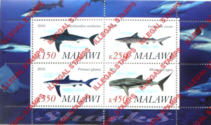 Malawi 2010 Sharks Illegal Stamp Souvenir Sheet of 4 Malawi 2010 Sharks Illegal Stamp Souvenir Sheet of 4