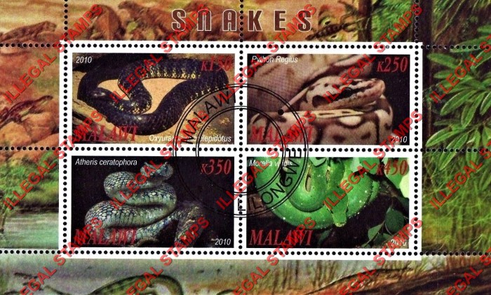 Malawi 2010 Snakes Illegal Stamp Souvenir Sheet of 4 Malawi 2010 Snakes Illegal Stamp Souvenir Sheet of 4
