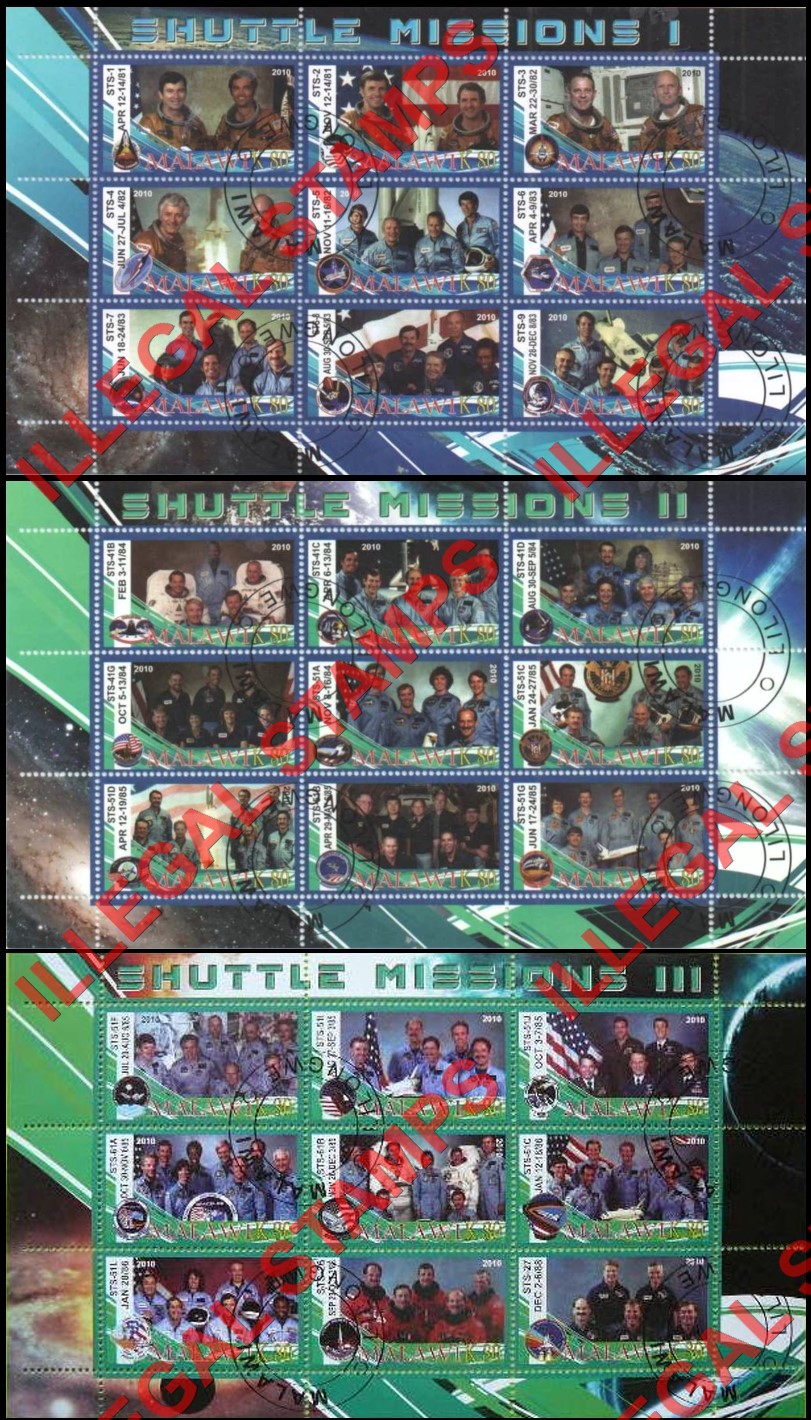 Malawi 2010 Space Shuttle Missions Illegal Stamp Sheetlets of 9 (Part 1) Malawi 2010 Space Shuttle Missions Illegal Stamp Sheetlets of 9 (Part 1)