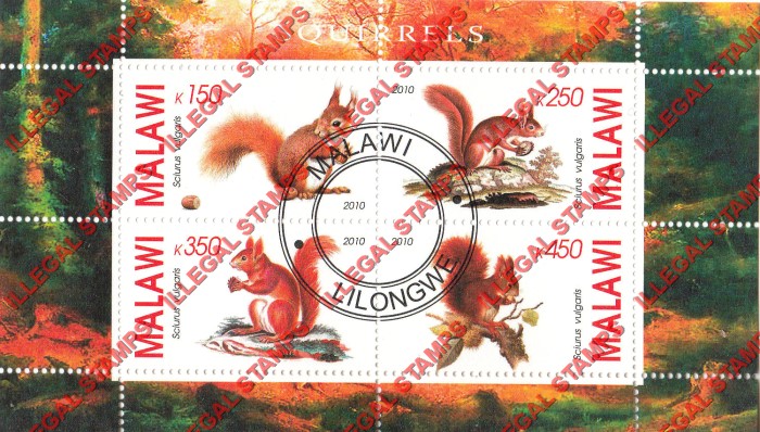 Malawi 2010 Squirrels Illegal Stamp Souvenir Sheet of 4 Malawi 2010 Squirrels Illegal Stamp Souvenir Sheet of 4