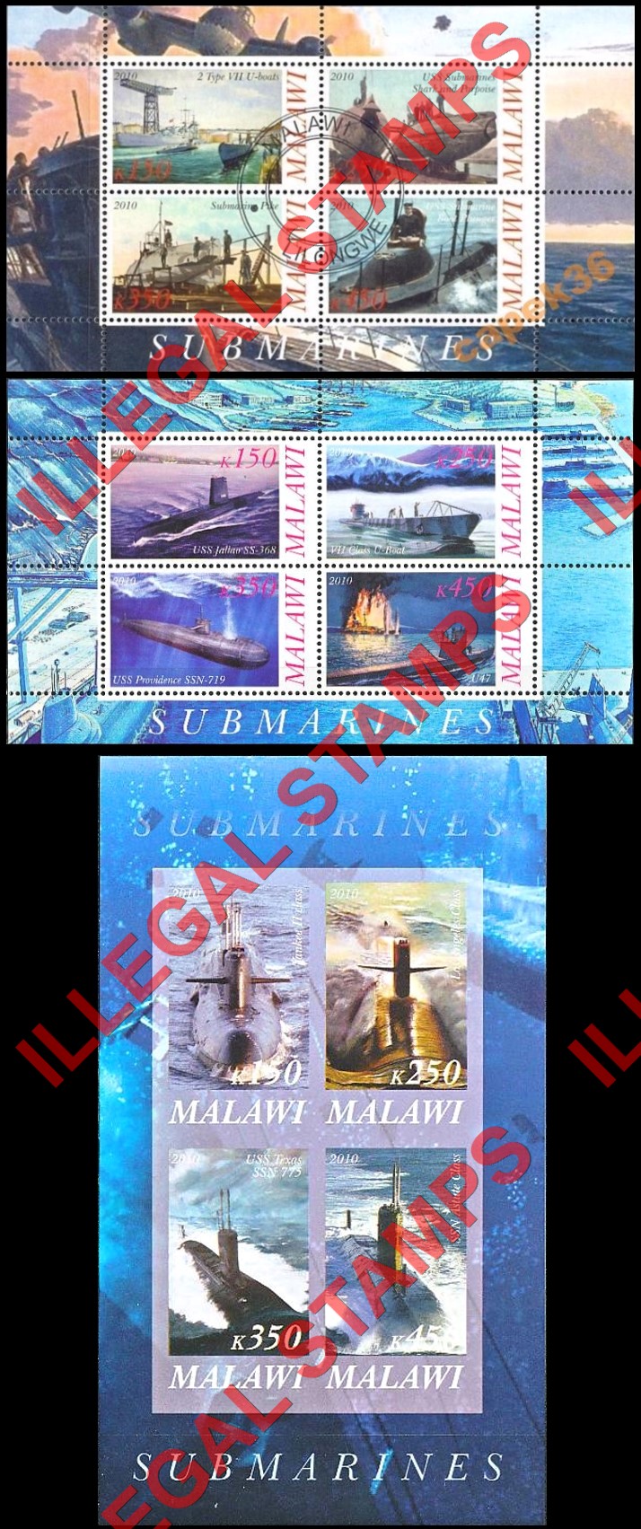 Malawi 2010 Submarines Illegal Stamp Souvenir Sheets of 4 Malawi 2010 Submarines Illegal Stamp Souvenir Sheets of 4