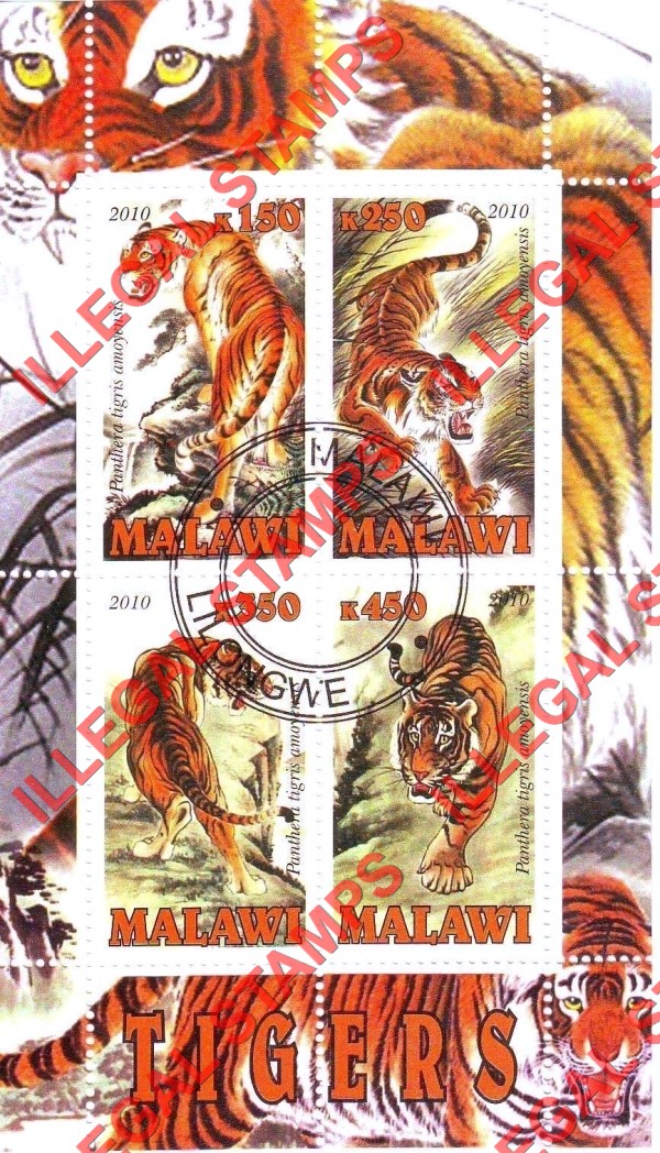 Malawi 2010 Tigers Illegal Stamp Souvenir Sheet of 4 Malawi 2010 Tigers Illegal Stamp Souvenir Sheet of 4