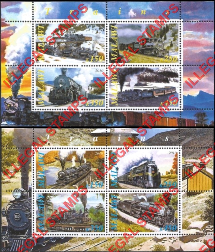 Malawi 2010 Trains Illegal Stamp Souvenir Sheets of 4 (Part 1) Malawi 2010 Trains Illegal Stamp Souvenir Sheets of 4 (Part 1)