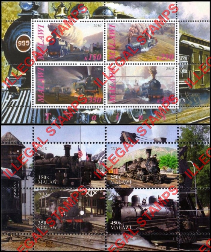 Malawi 2010 Trains Illegal Stamp Souvenir Sheets of 4 (Part 2) Malawi 2010 Trains Illegal Stamp Souvenir Sheets of 4 (Part 2)