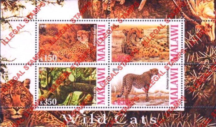 Malawi 2010 Wild Cats Illegal Stamp Souvenir Sheet of 4 Malawi 2010 Wild Cats Illegal Stamp Souvenir Sheet of 4