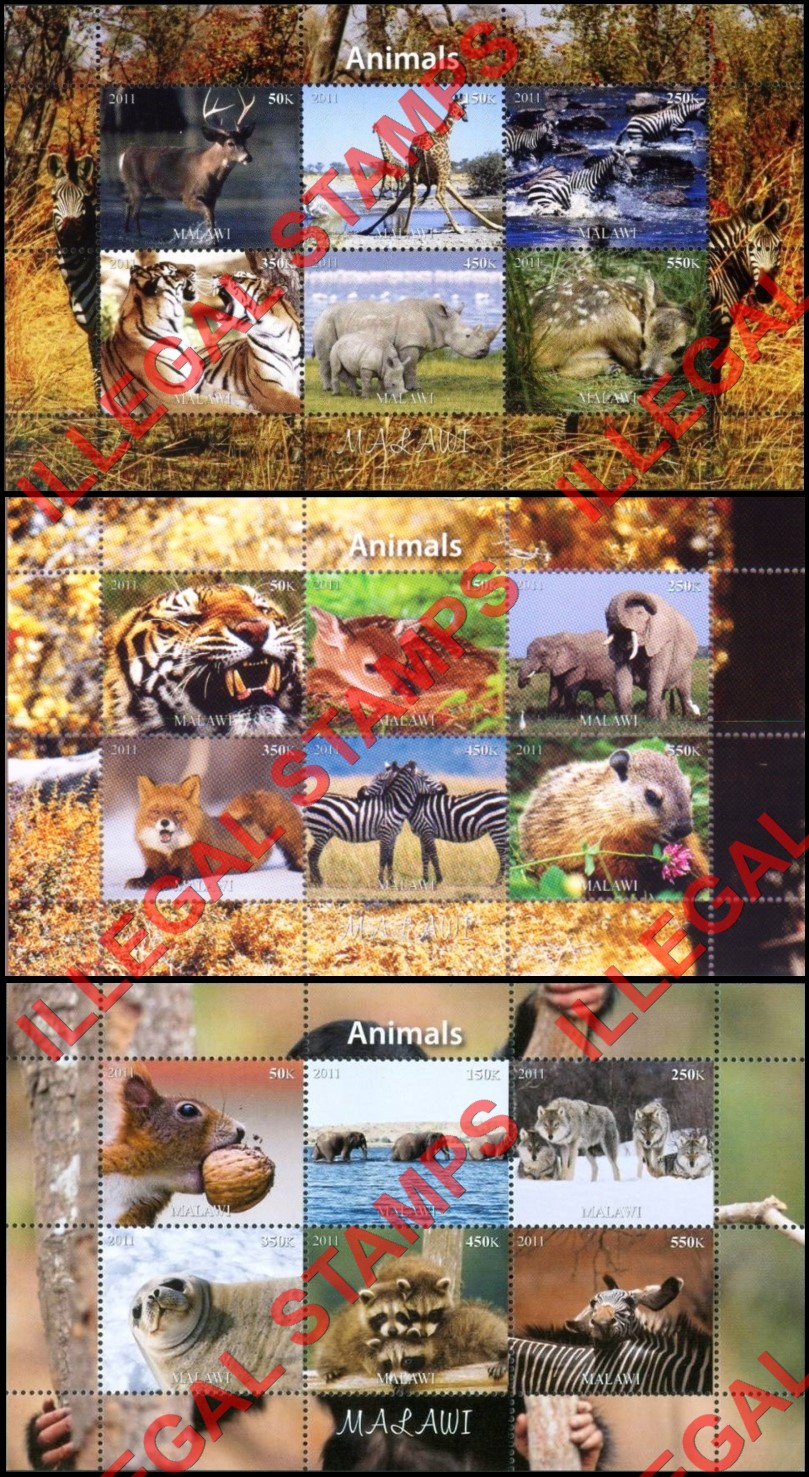 Malawi 2011 Animals Illegal Stamp Souvenir Sheets of 6 (Part 1) Malawi 2011 Animals Illegal Stamp Souvenir Sheets of 6 (Part 1)