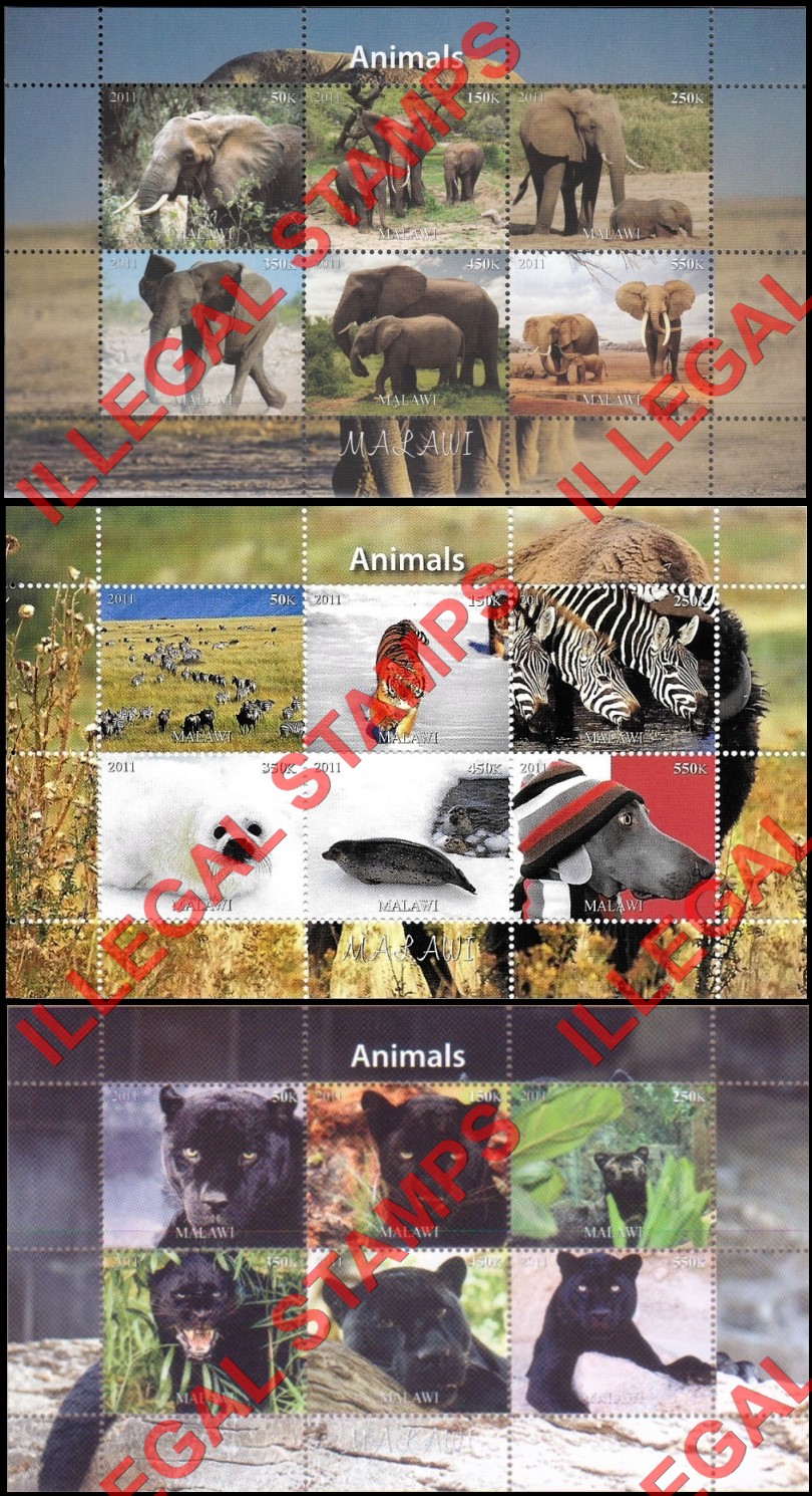 Malawi 2011 Animals Illegal Stamp Souvenir Sheets of 6 (Part 2) Malawi 2011 Animals Illegal Stamp Souvenir Sheets of 6 (Part 2)