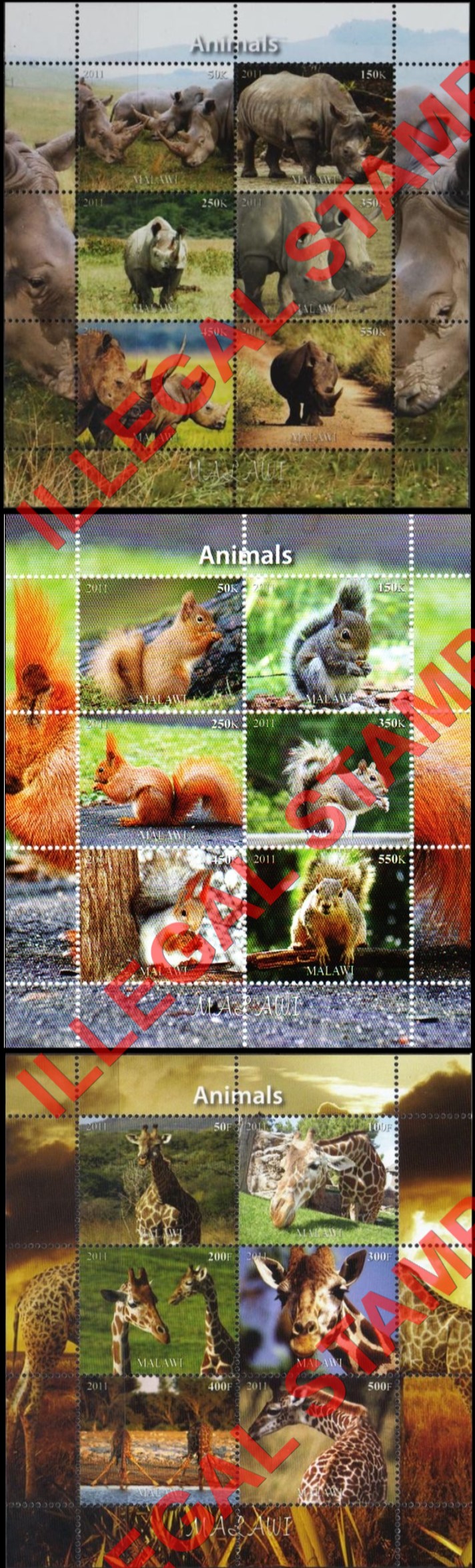 Malawi 2011 Animals Illegal Stamp Souvenir Sheets of 6 (Part 5) Malawi 2011 Animals Illegal Stamp Souvenir Sheets of 6 (Part 5)