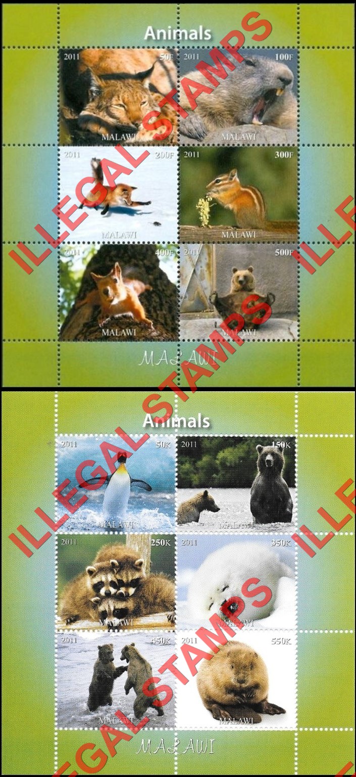 Malawi 2011 Animals Illegal Stamp Souvenir Sheets of 6 (Part 6) Malawi 2011 Animals Illegal Stamp Souvenir Sheets of 6 (Part 6)