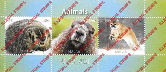 Malawi 2011 Animals Illegal Stamp Souvenir Sheet of 3 Malawi 2011 Animals Illegal Stamp Souvenir Sheet of 3