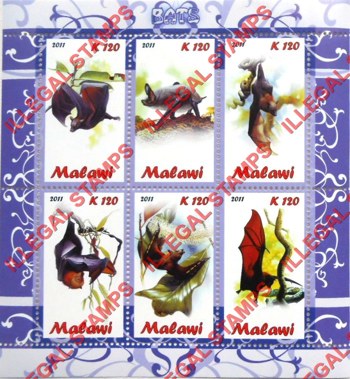 Malawi 2011 Bats Illegal Stamp Souvenir Sheet of 6 Malawi 2011 Bats Illegal Stamp Souvenir Sheet of 6