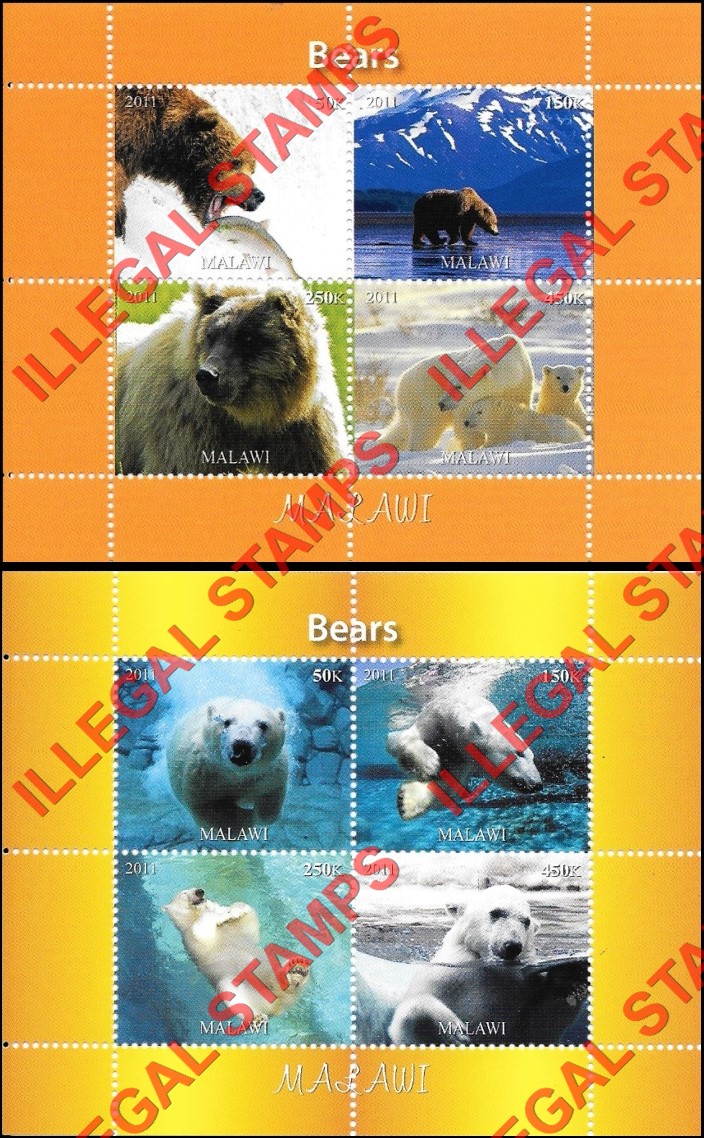 Malawi 2011 Bears Illegal Stamp Souvenir Sheets of 4 Malawi 2011 Bears Illegal Stamp Souvenir Sheets of 4