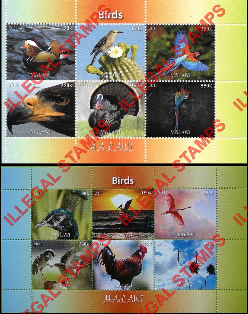 Malawi 2011 Birds Illegal Stamp Souvenir Sheets of 6 (Part 1) Malawi 2011 Birds Illegal Stamp Souvenir Sheets of 6 (Part 1)