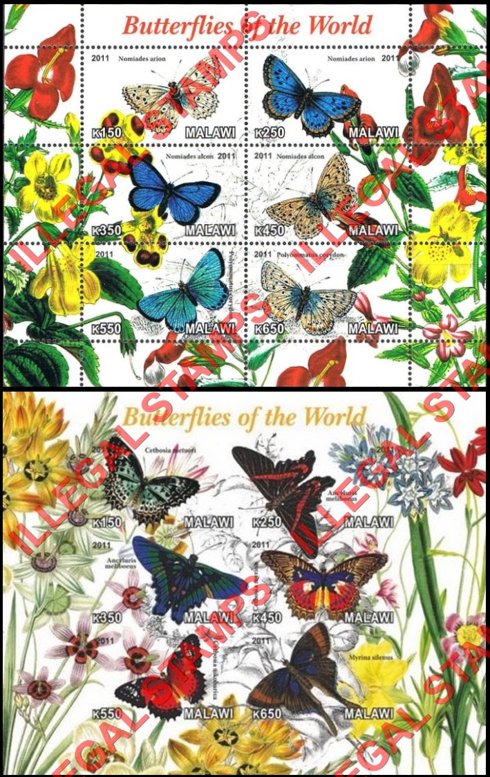 Malawi 2011 Butterflies of the World Illegal Stamp Souvenir Sheets of 6 Malawi 2011 Butterflies of the World Illegal Stamp Souvenir Sheets of 6