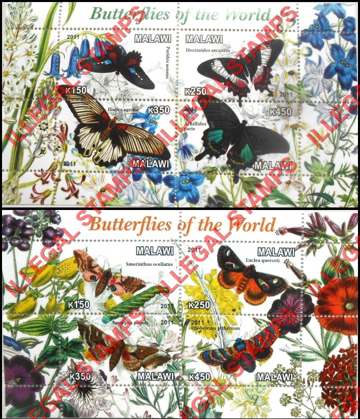 Malawi 2011 Butterflies of the World Illegal Stamp Souvenir Sheets of 4 Malawi 2011 Butterflies of the World Illegal Stamp Souvenir Sheets of 4