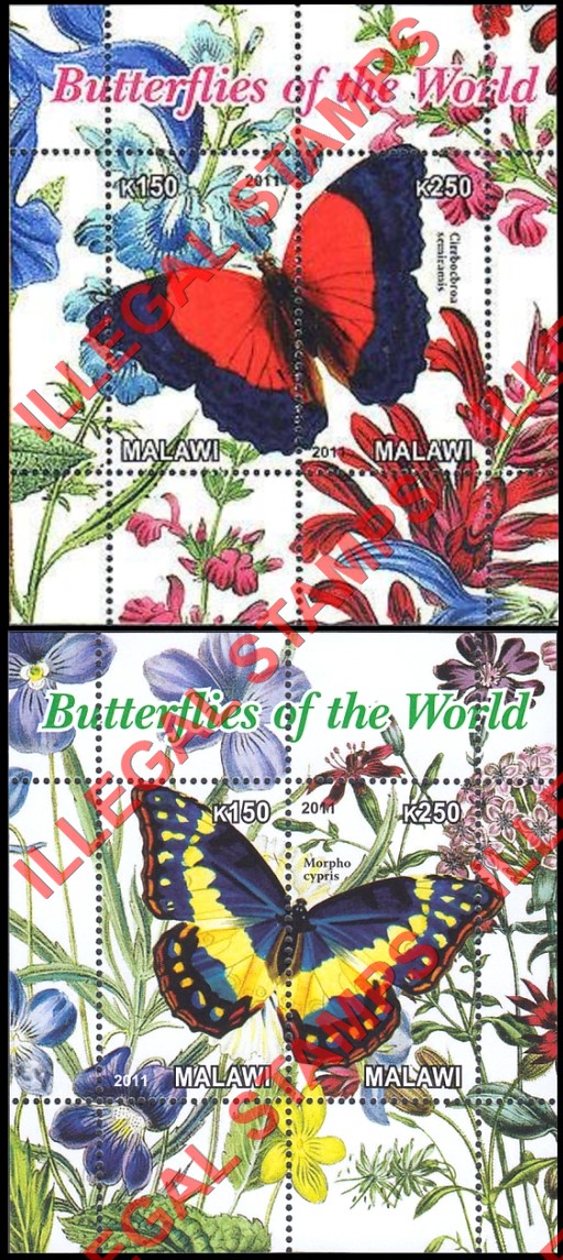 Malawi 2011 Butterflies of the World Illegal Stamp Souvenir Sheets of 2 Malawi 2011 Butterflies of the World Illegal Stamp Souvenir Sheets of 2