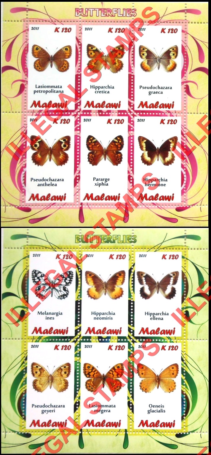 Malawi 2011 Butterflies Illegal Stamp Souvenir Sheets of 6 Malawi 2011 Butterflies Illegal Stamp Souvenir Sheets of 6