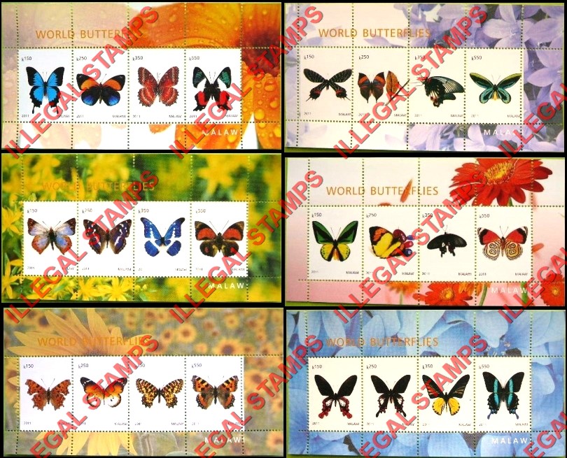 Malawi 2011 World Butterflies Illegal Stamp Souvenir Sheets of 4 (Part 1) Malawi 2011 World Butterflies Illegal Stamp Souvenir Sheets of 4 (Part 1)
