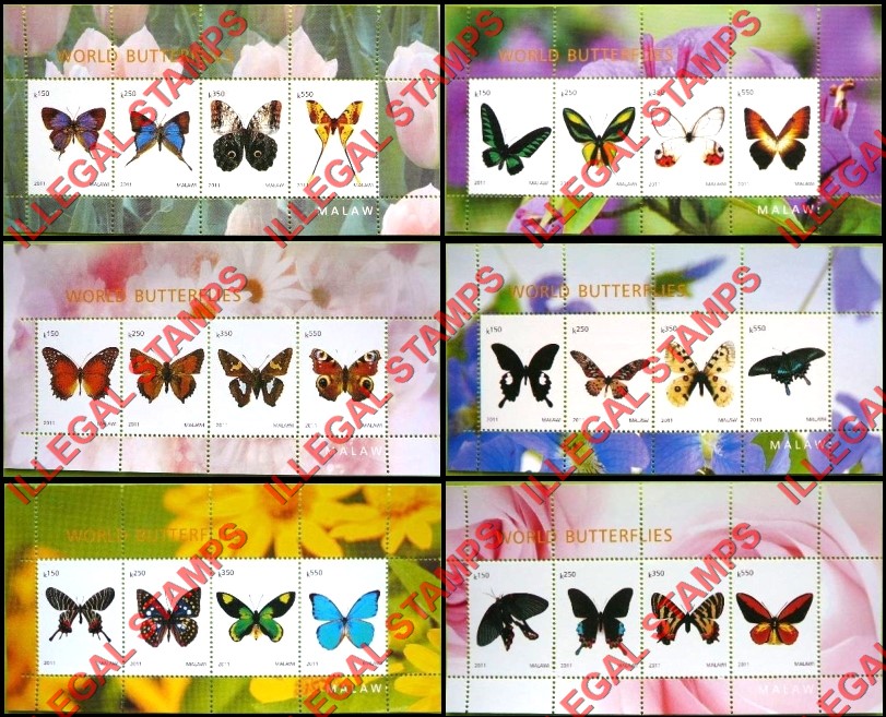 Malawi 2011 World Butterflies Illegal Stamp Souvenir Sheets of 4 (Part 2) Malawi 2011 World Butterflies Illegal Stamp Souvenir Sheets of 4 (Part 2)