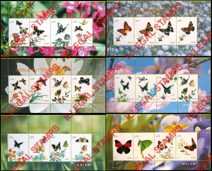 Malawi 2011 World Butterflies Illegal Stamp Souvenir Sheets of 4 (Part 4) Malawi 2011 World Butterflies Illegal Stamp Souvenir Sheets of 4 (Part 4)