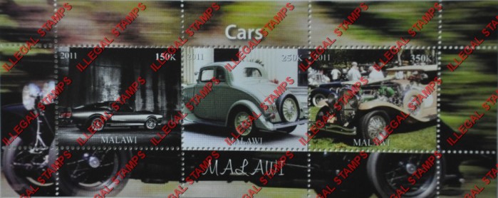 Malawi 2011 Cars Illegal Stamp Souvenir Sheet of 3 Malawi 2011 Cars Illegal Stamp Souvenir Sheet of 3