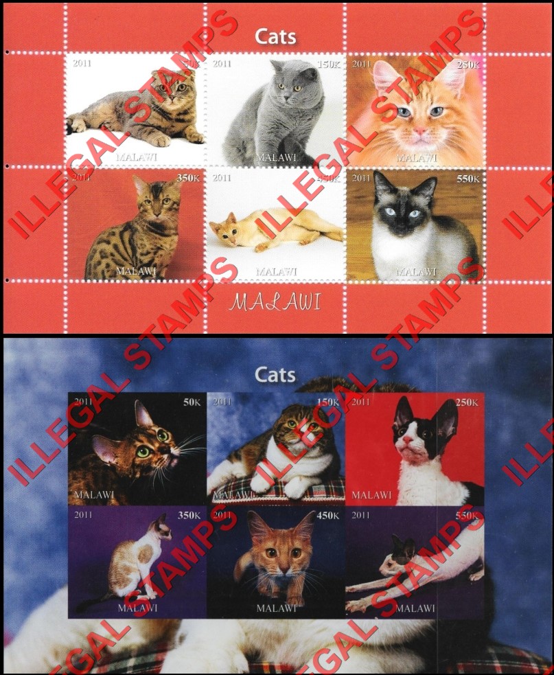Malawi 2011 Cats Illegal Stamp Souvenir Sheets of 6 (Part 1) Malawi 2011 Cats Illegal Stamp Souvenir Sheets of 6 (Part 1)