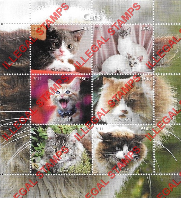 Malawi 2011 Cats Illegal Stamp Souvenir Sheets of 6 (Part 2) Malawi 2011 Cats Illegal Stamp Souvenir Sheets of 6 (Part 2)