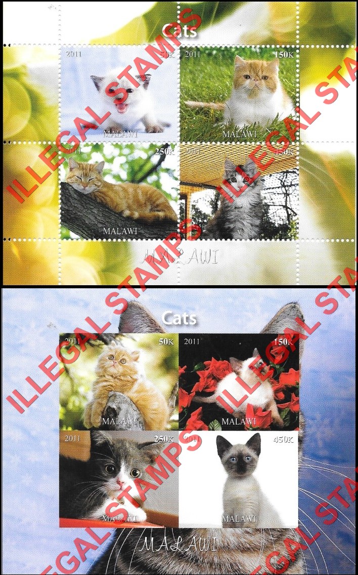 Malawi 2011 Cats Illegal Stamp Souvenir Sheets of 4 (Part 1) Malawi 2011 Cats Illegal Stamp Souvenir Sheets of 4 (Part 1)