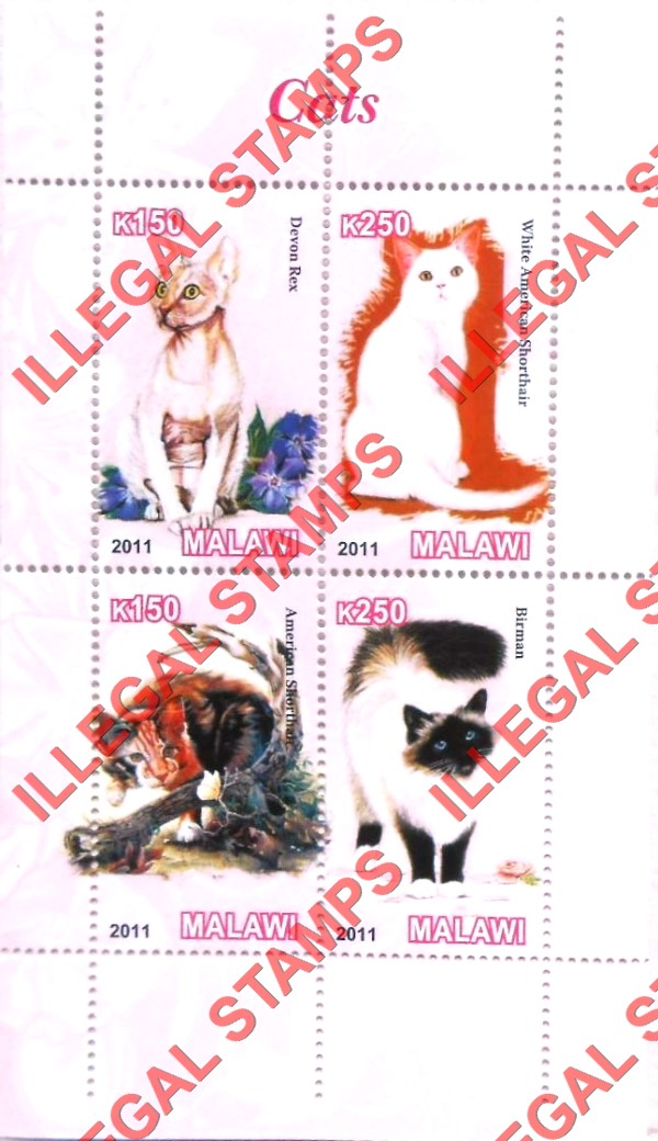 Malawi 2011 Cats Illegal Stamp Souvenir Sheets of 4 (Part 2) Malawi 2011 Cats Illegal Stamp Souvenir Sheets of 4 (Part 2)