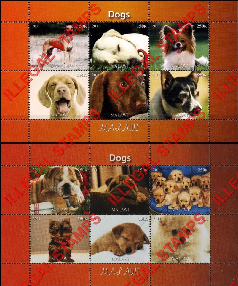 Malawi 2011 Dogs Illegal Stamp Souvenir Sheets of 6 (Part 1) Malawi 2011 Dogs Illegal Stamp Souvenir Sheets of 6 (Part 1)