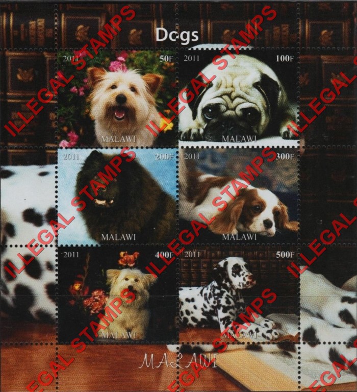 Malawi 2011 Dogs Illegal Stamp Souvenir Sheets of 6 (Part 3) Malawi 2011 Dogs Illegal Stamp Souvenir Sheets of 6 (Part 3)