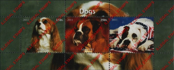 Malawi 2011 Dogs Illegal Stamp Souvenir Sheet of 3 Malawi 2011 Dogs Illegal Stamp Souvenir Sheet of 3