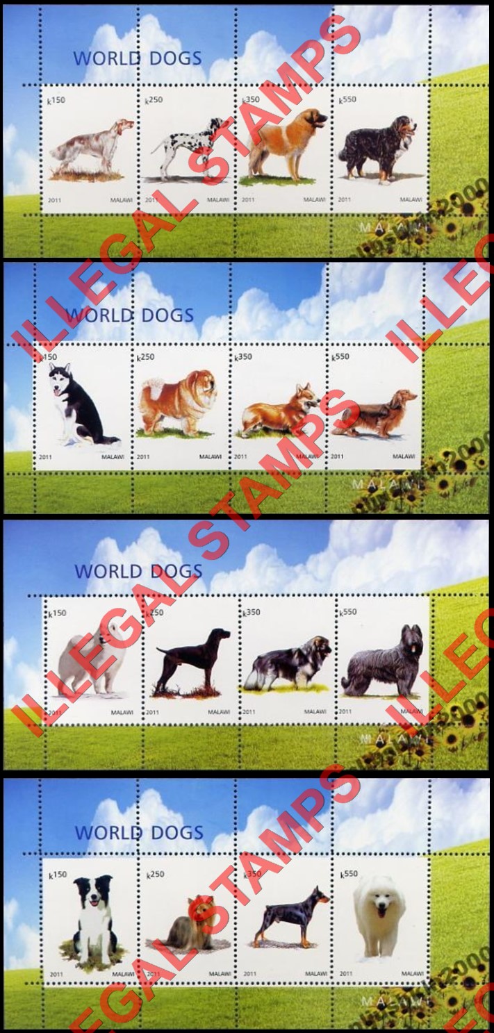 Malawi 2011 World Dogs Illegal Stamp Souvenir Sheets of 4 (Part 1) Malawi 2011 World Dogs Illegal Stamp Souvenir Sheets of 4 (Part 1)