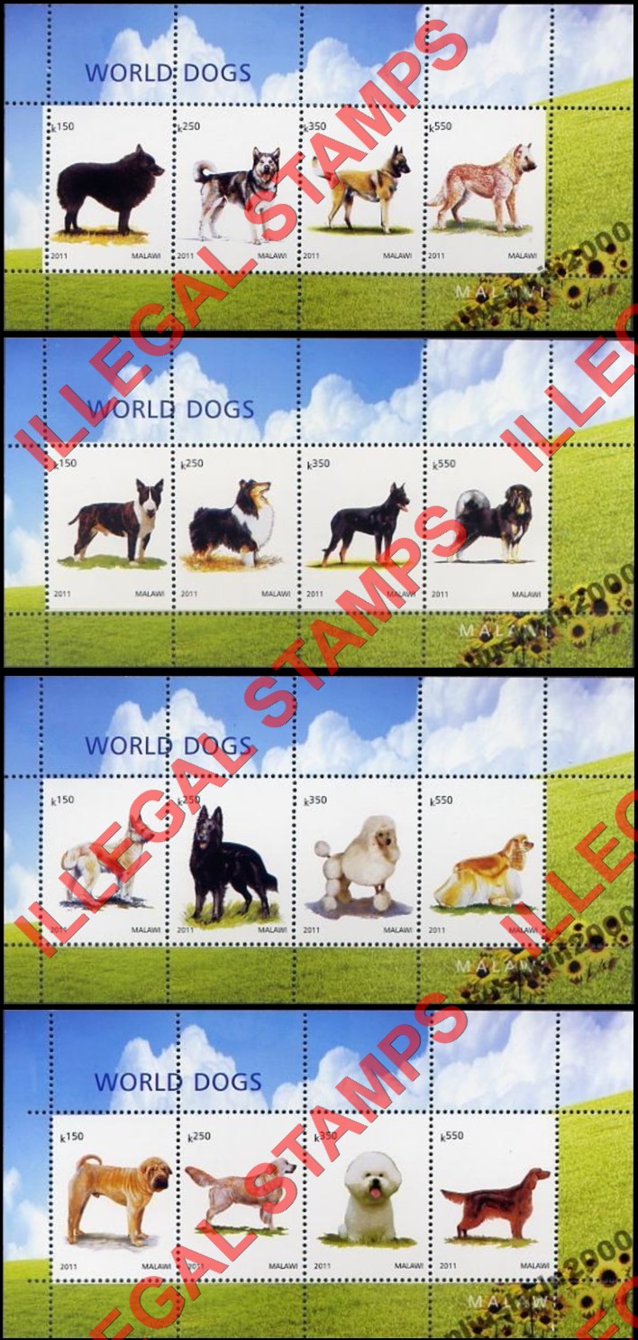 Malawi 2011 World Dogs Illegal Stamp Souvenir Sheets of 4 (Part 2) Malawi 2011 World Dogs Illegal Stamp Souvenir Sheets of 4 (Part 2)