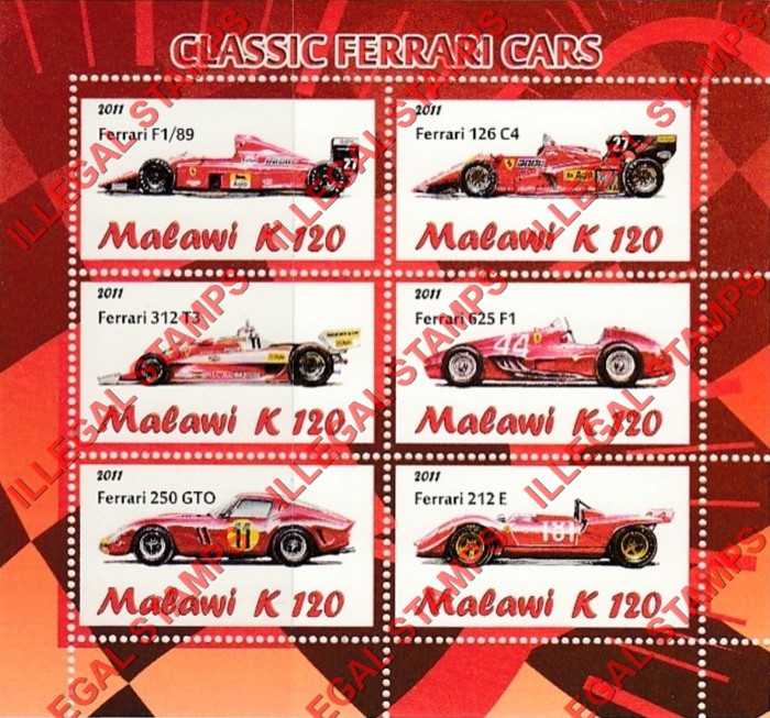 Malawi 2011 Ferrari Illegal Stamp Souvenir Sheet of 6 Malawi 2011 Ferrari Illegal Stamp Souvenir Sheet of 6