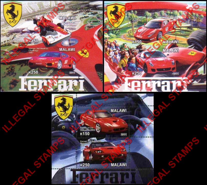 Malawi 2011 Ferrari Illegal Stamp Souvenir Sheets of 2 Malawi 2011 Ferrari Illegal Stamp Souvenir Sheets of 2