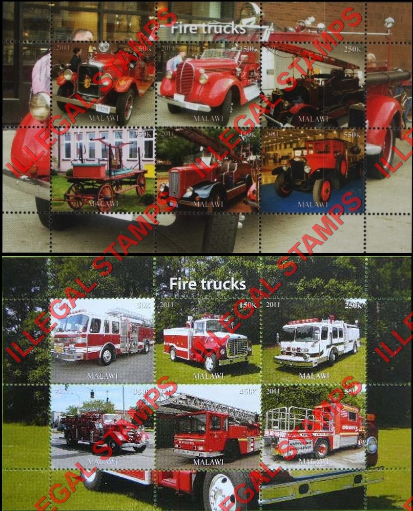 Malawi 2011 Fire Trucks Illegal Stamp Souvenir Sheets of 6 Malawi 2011 Fire Trucks Illegal Stamp Souvenir Sheets of 6