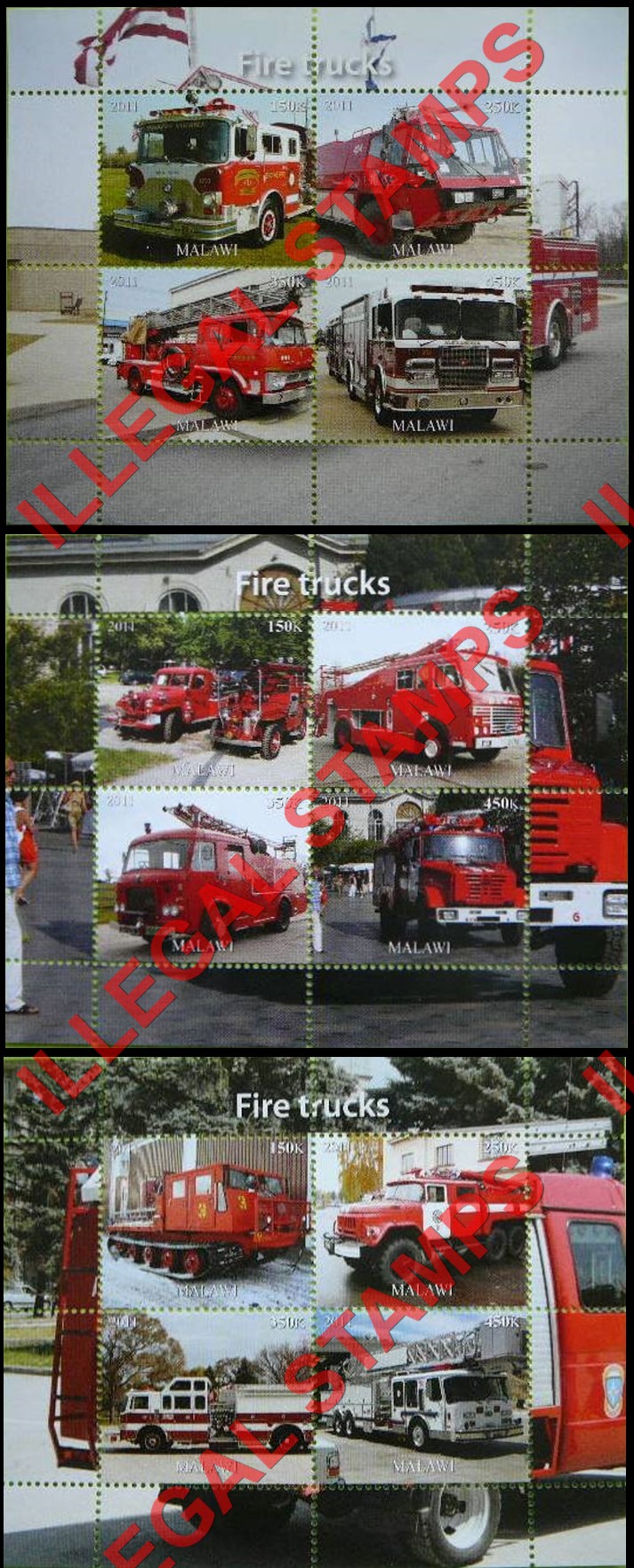 Malawi 2011 Fire Trucks Illegal Stamp Souvenir Sheets of 4 Malawi 2011 Fire Trucks Illegal Stamp Souvenir Sheets of 4