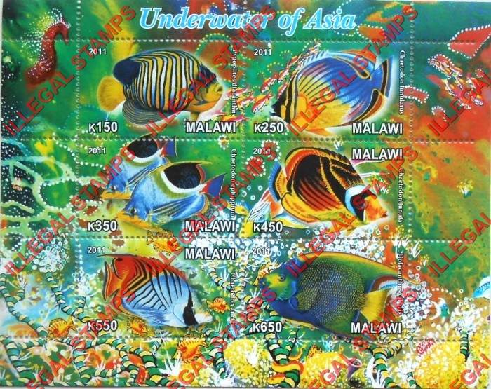 Malawi 2011 Fish Underwater of Asia Illegal Stamp Souvenir Sheet of 6 Malawi 2011 Fish Underwater of Asia Illegal Stamp Souvenir Sheet of 6