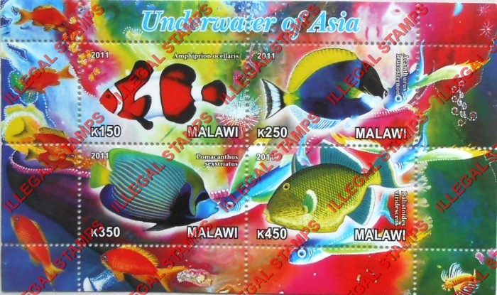 Malawi 2011 Fish Underwater of Asia Illegal Stamp Souvenir Sheet of 4 Malawi 2011 Fish Underwater of Asia Illegal Stamp Souvenir Sheet of 4