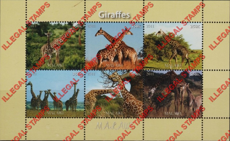 Malawi 2011 Giraffes Illegal Stamp Souvenir Sheet of 6 Malawi 2011 Giraffes Illegal Stamp Souvenir Sheet of 6