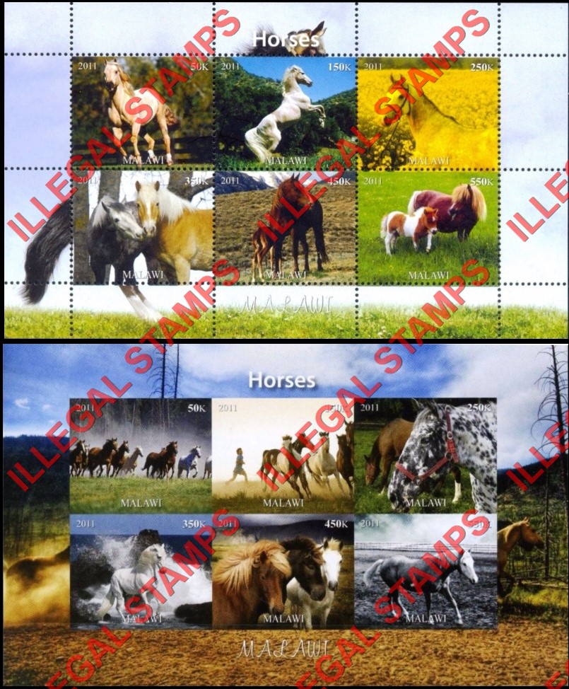 Malawi 2011 Horses Illegal Stamp Souvenir Sheets of 6 Malawi 2011 Horses Illegal Stamp Souvenir Sheets of 6