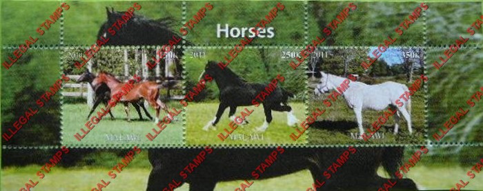 Malawi 2011 Horses Illegal Stamp Souvenir Sheet of 3 Malawi 2011 Horses Illegal Stamp Souvenir Sheet of 3