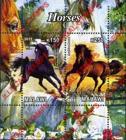 Malawi 2011 Horses Illegal Stamp Souvenir Sheet of 2 Malawi 2011 Horses Illegal Stamp Souvenir Sheet of 2