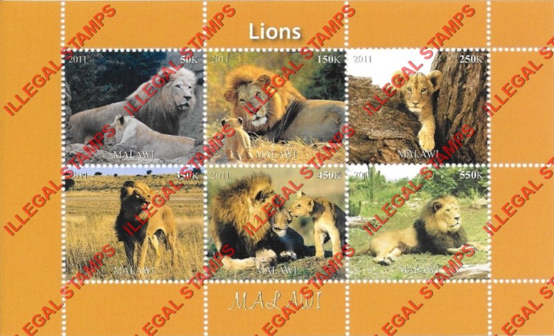 Malawi 2011 Lions Illegal Stamp Souvenir Sheet of 6 Malawi 2011 Lions Illegal Stamp Souvenir Sheet of 6