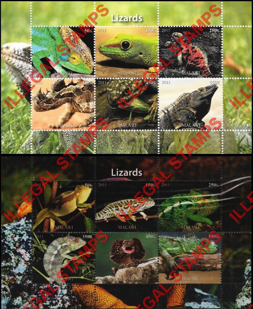 Malawi 2011 Lizards Illegal Stamp Souvenir Sheets of 6 Malawi 2011 Lizards Illegal Stamp Souvenir Sheets of 6